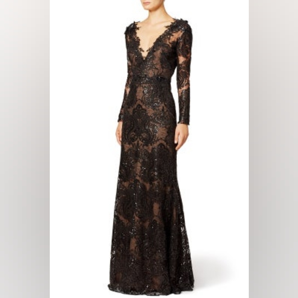 $1,500.00 MARCHESA NOTTE EXCL BLACK LACE BEAD RUNWAY GOWN S - Picture 5 of 14